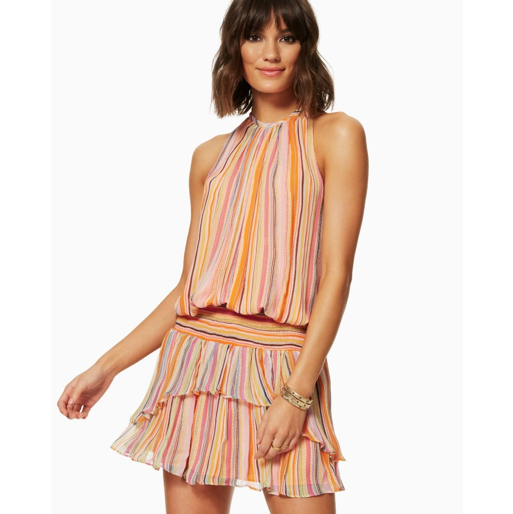 Ramy Brook Printed Tobie Dress Orange Pink Multi Striped Smock Waist Medium